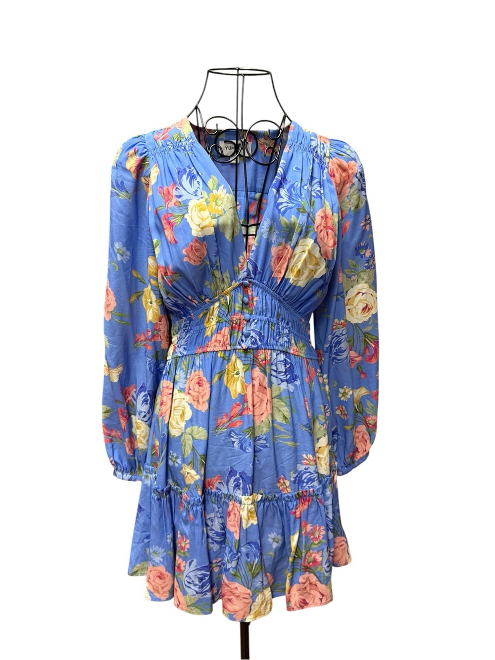 Yumi Kim Blue Floral Long-Sleeve V-Neck Tiered Dress